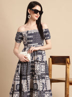 Jainish Women's WoNavy Blue Printed off-Shoulder Dress - Distacart