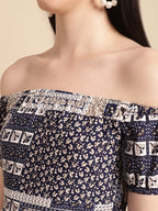 Jainish Women's WoNavy Blue Printed off-Shoulder Dress - Distacart