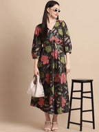 Jainish Women's WoBlack Floral Printed A-line Dress With Belt - Distacart