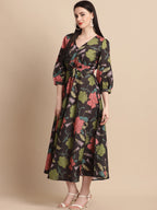 Jainish Women's WoBlack Floral Printed A-line Dress With Belt - Distacart
