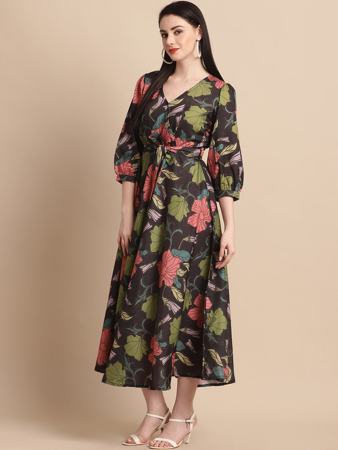 Jainish Women's WoBlack Floral Printed A-line Dress With Belt - Distacart