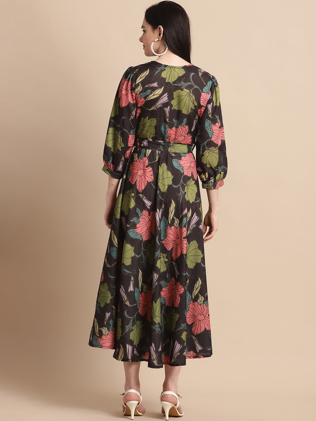 Jainish Women's WoBlack Floral Printed A-line Dress With Belt - Distacart