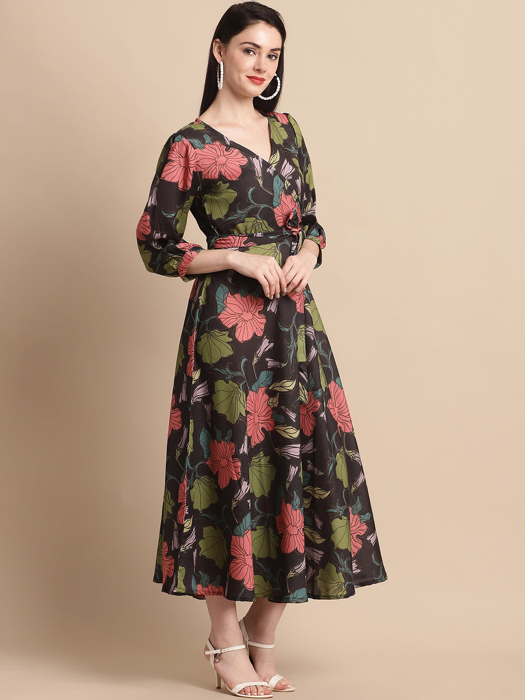 Jainish Women's WoBlack Floral Printed A-line Dress With Belt - Distacart