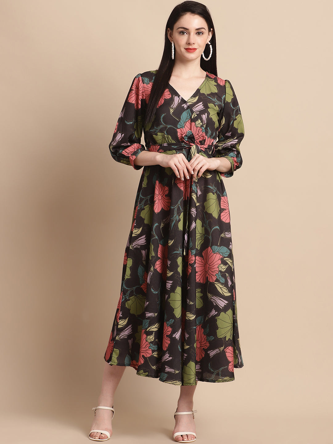Jainish Women's WoBlack Floral Printed A-line Dress With Belt - Distacart
