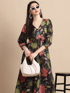 Jainish Women's WoBlack Floral Printed A-line Dress With Belt - Distacart