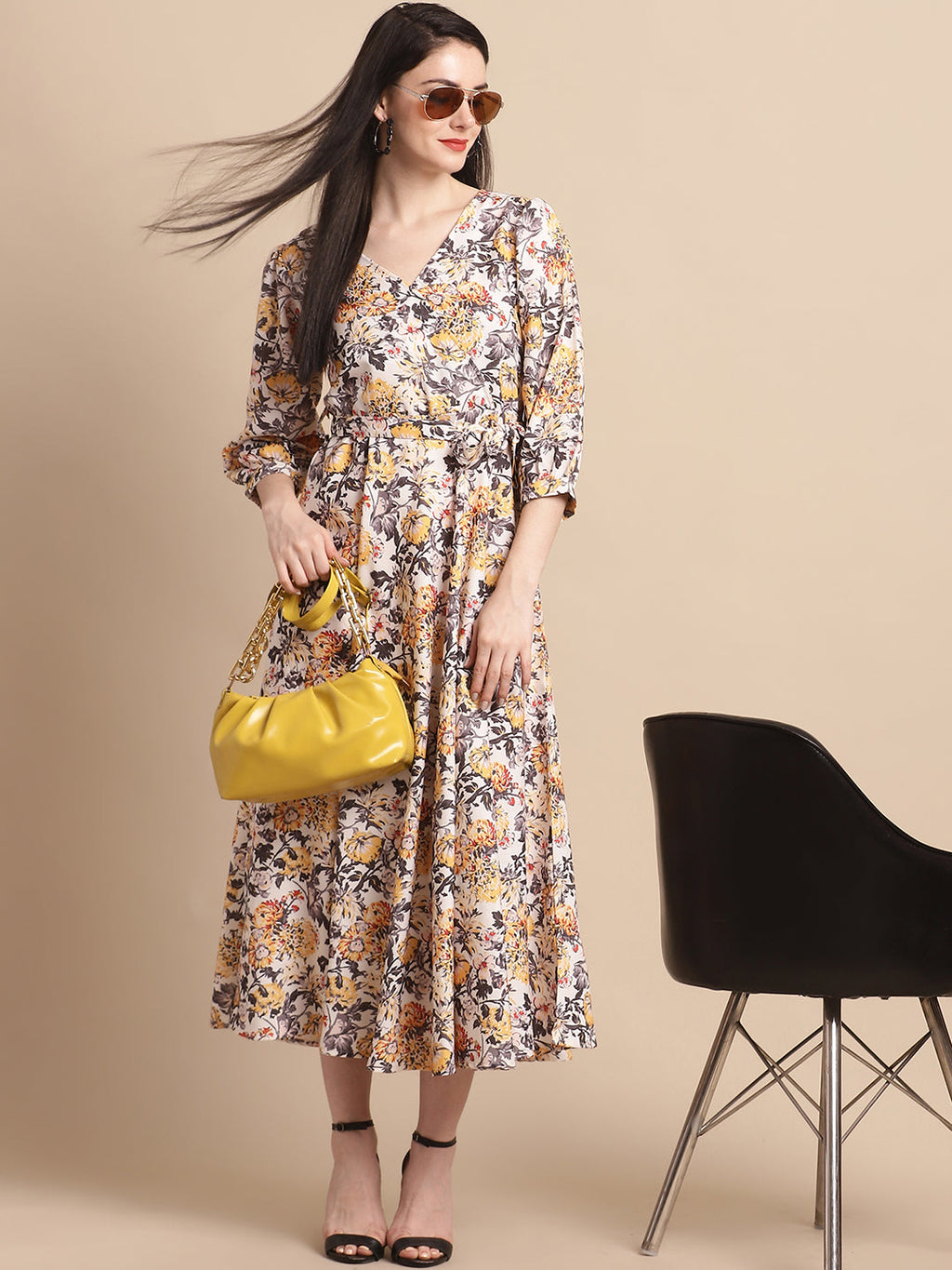 Jainish Women's WoOff-White Floral Printed A-line Dress With Belt - Distacart