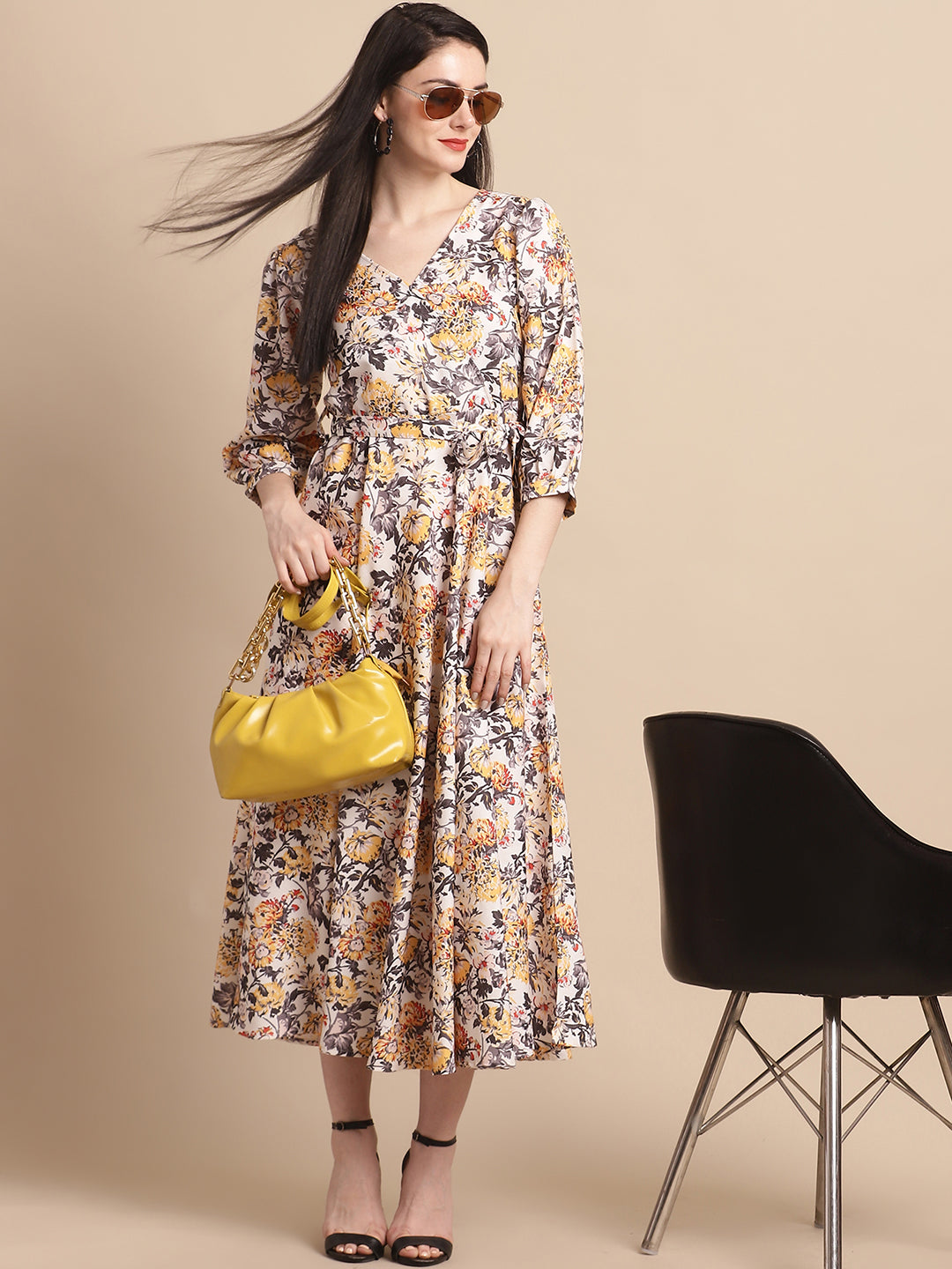 Jainish Women's WoOff-White Floral Printed A-line Dress With Belt - Distacart