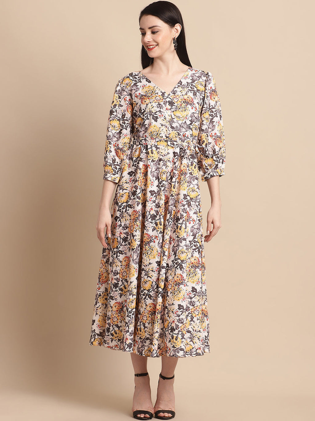 Jainish Women's WoOff-White Floral Printed A-line Dress With Belt - Distacart