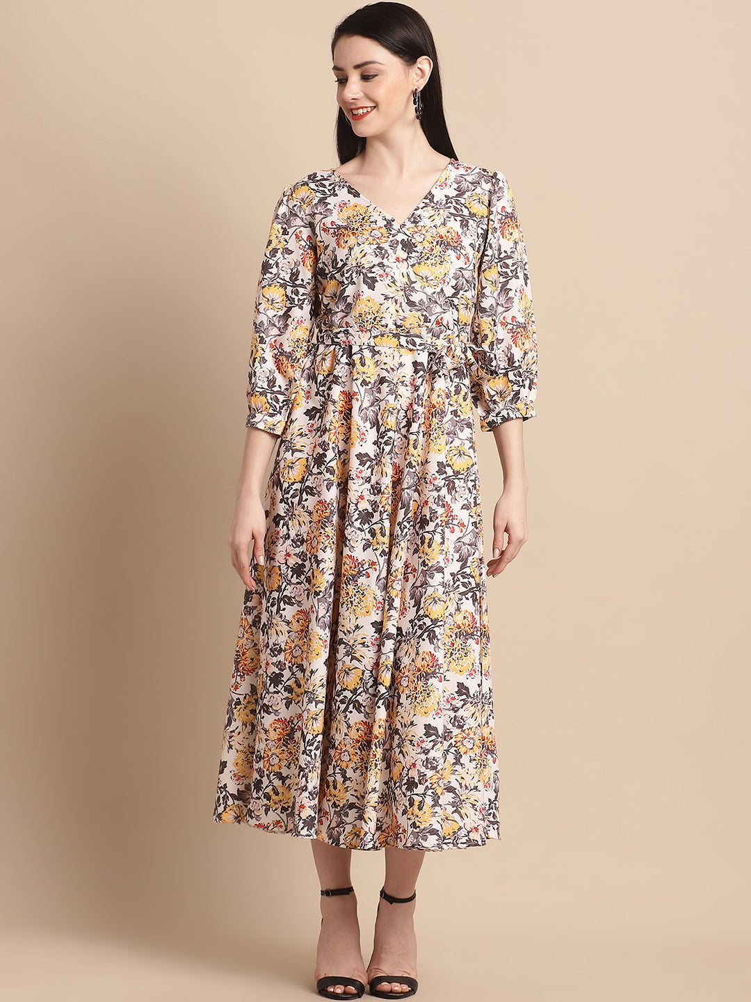 Jainish Women's WoOff-White Floral Printed A-line Dress With Belt - Distacart