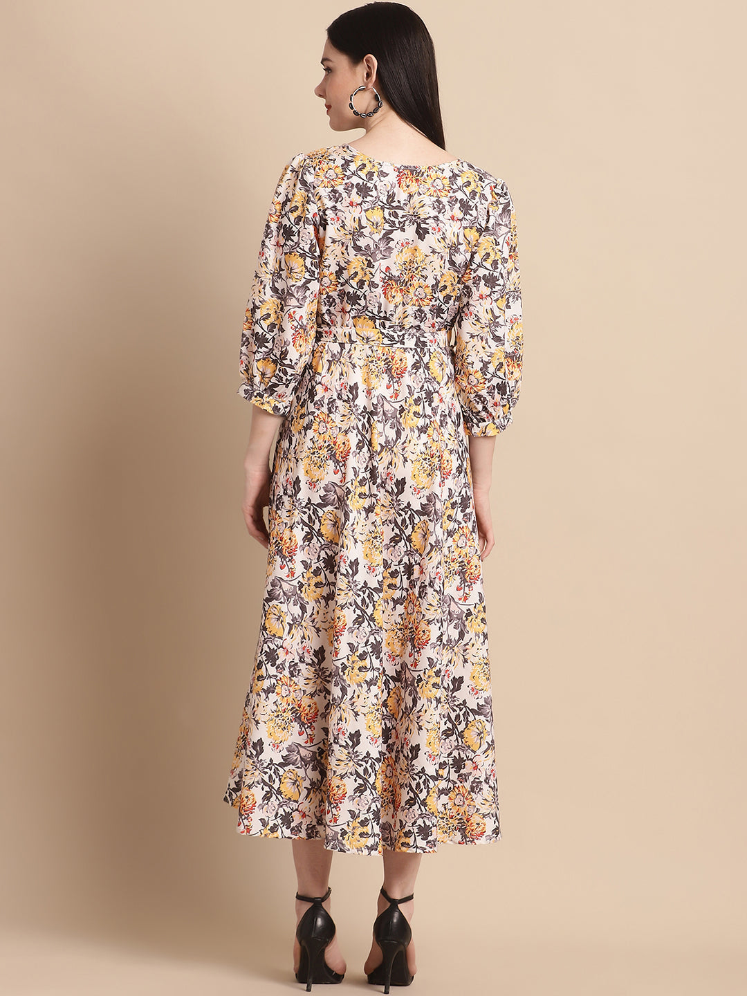 Jainish Women's WoOff-White Floral Printed A-line Dress With Belt - Distacart