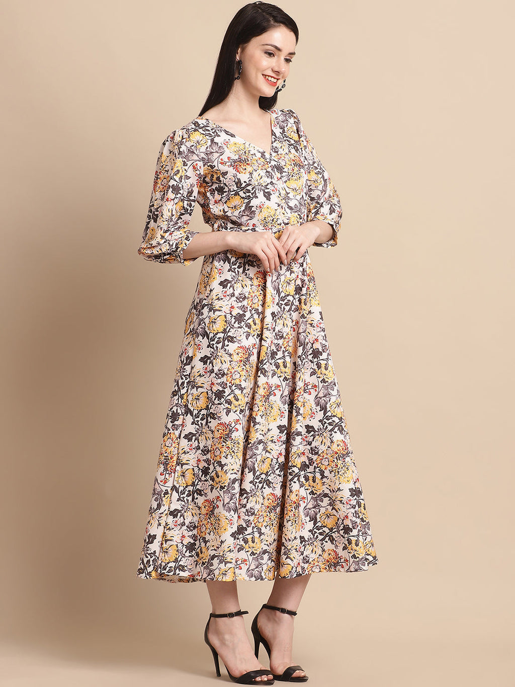 Jainish Women's WoOff-White Floral Printed A-line Dress With Belt - Distacart