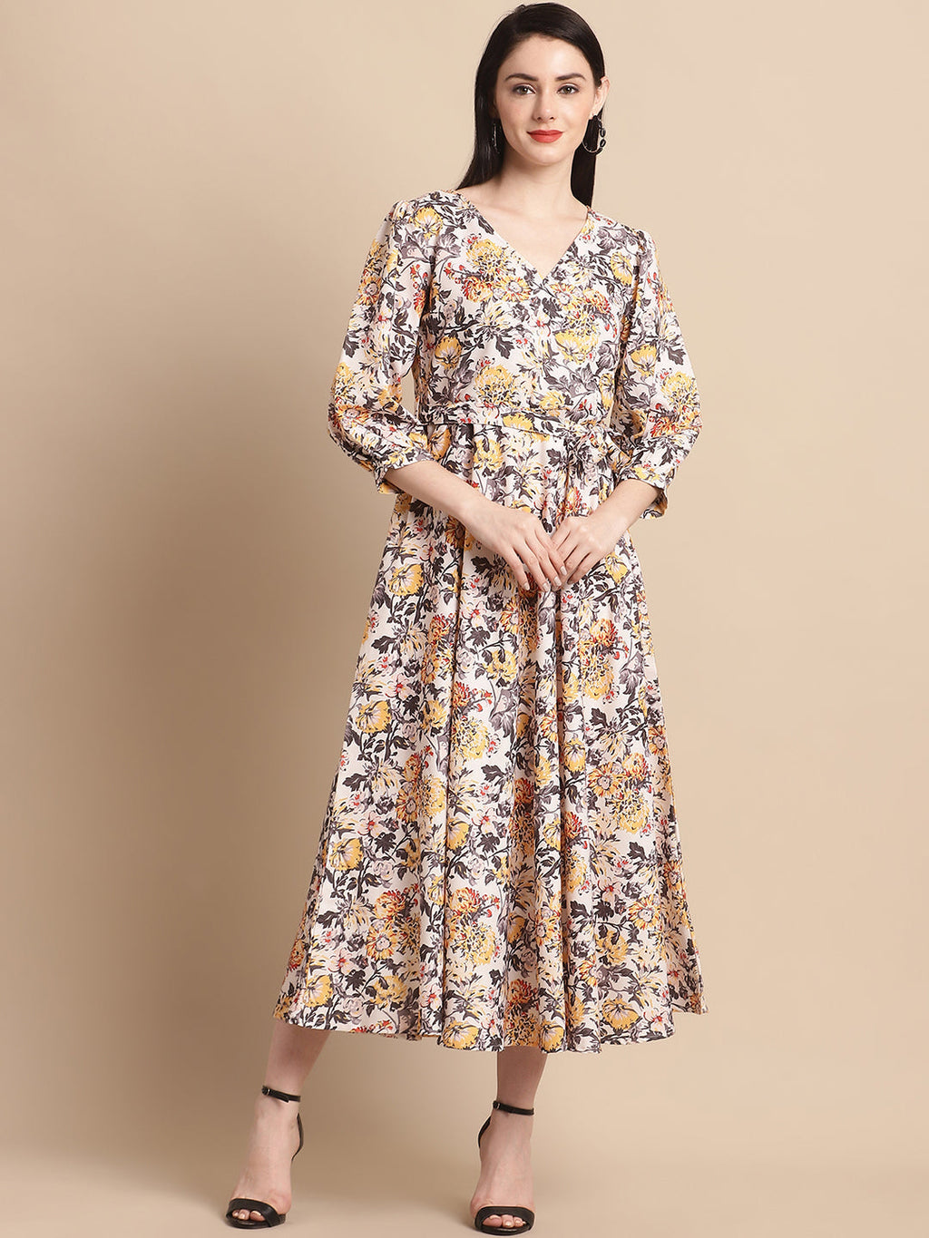 Jainish Women's WoOff-White Floral Printed A-line Dress With Belt - Distacart
