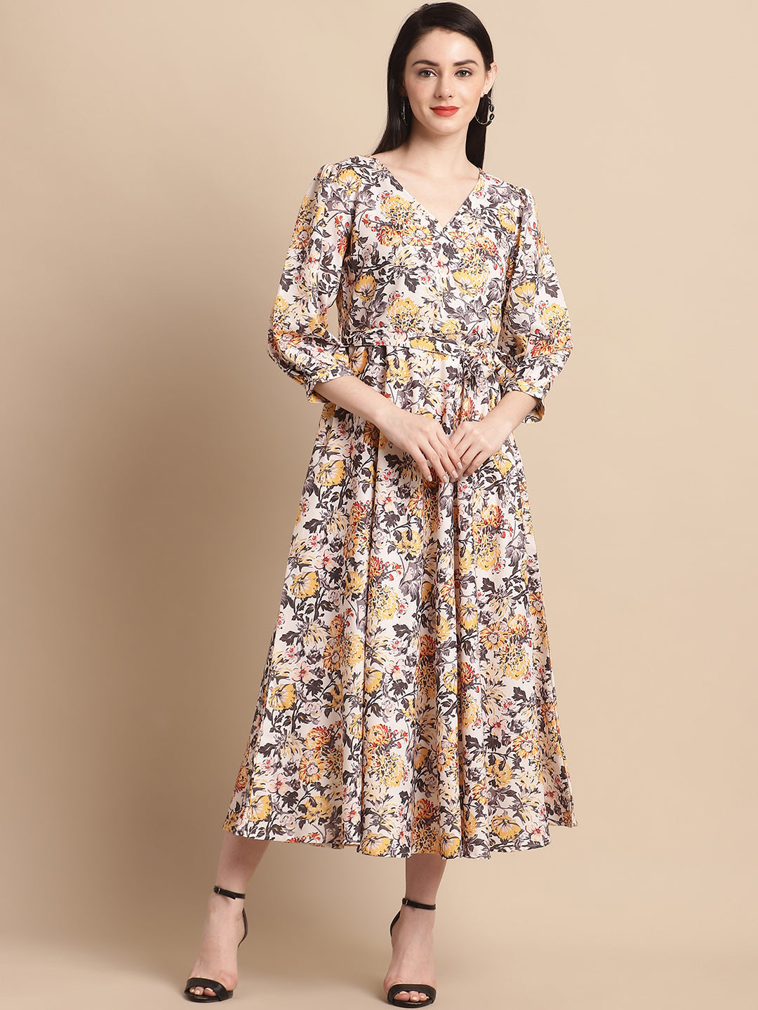 Jainish Women's WoOff-White Floral Printed A-line Dress With Belt - Distacart