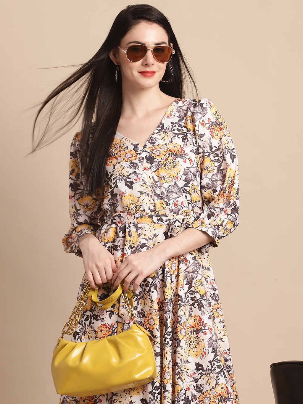 Jainish Women's WoOff-White Floral Printed A-line Dress With Belt - Distacart