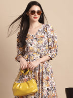 Jainish Women's WoOff-White Floral Printed A-line Dress With Belt - Distacart