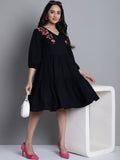 Jainish Women's WoBlack Floral Embroidered A-line Dress - Distacart