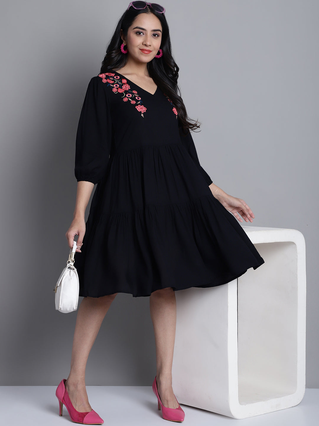 Jainish Women's WoBlack Floral Embroidered A-line Dress - Distacart