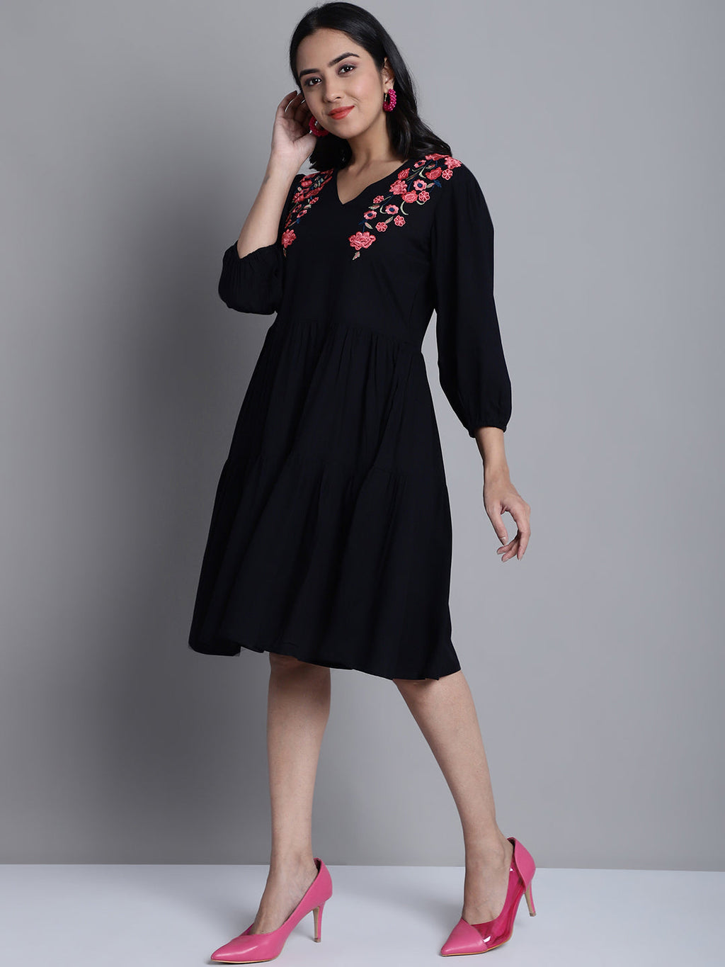 Jainish Women's WoBlack Floral Embroidered A-line Dress - Distacart