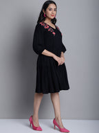 Jainish Women's WoBlack Floral Embroidered A-line Dress - Distacart