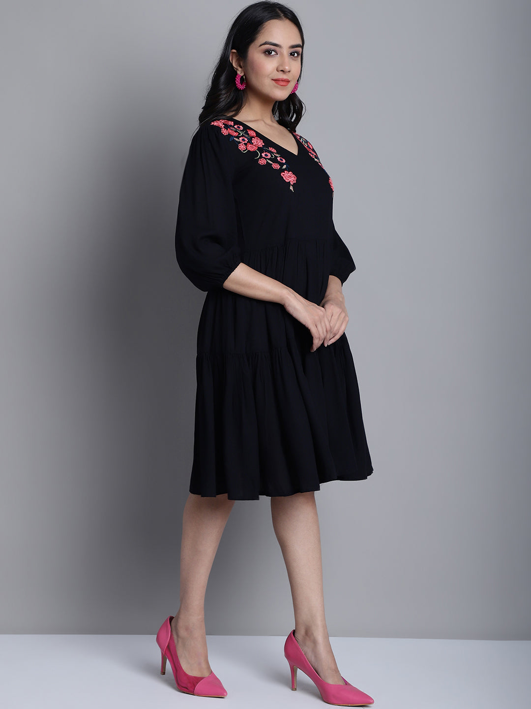 Jainish Women's WoBlack Floral Embroidered A-line Dress - Distacart