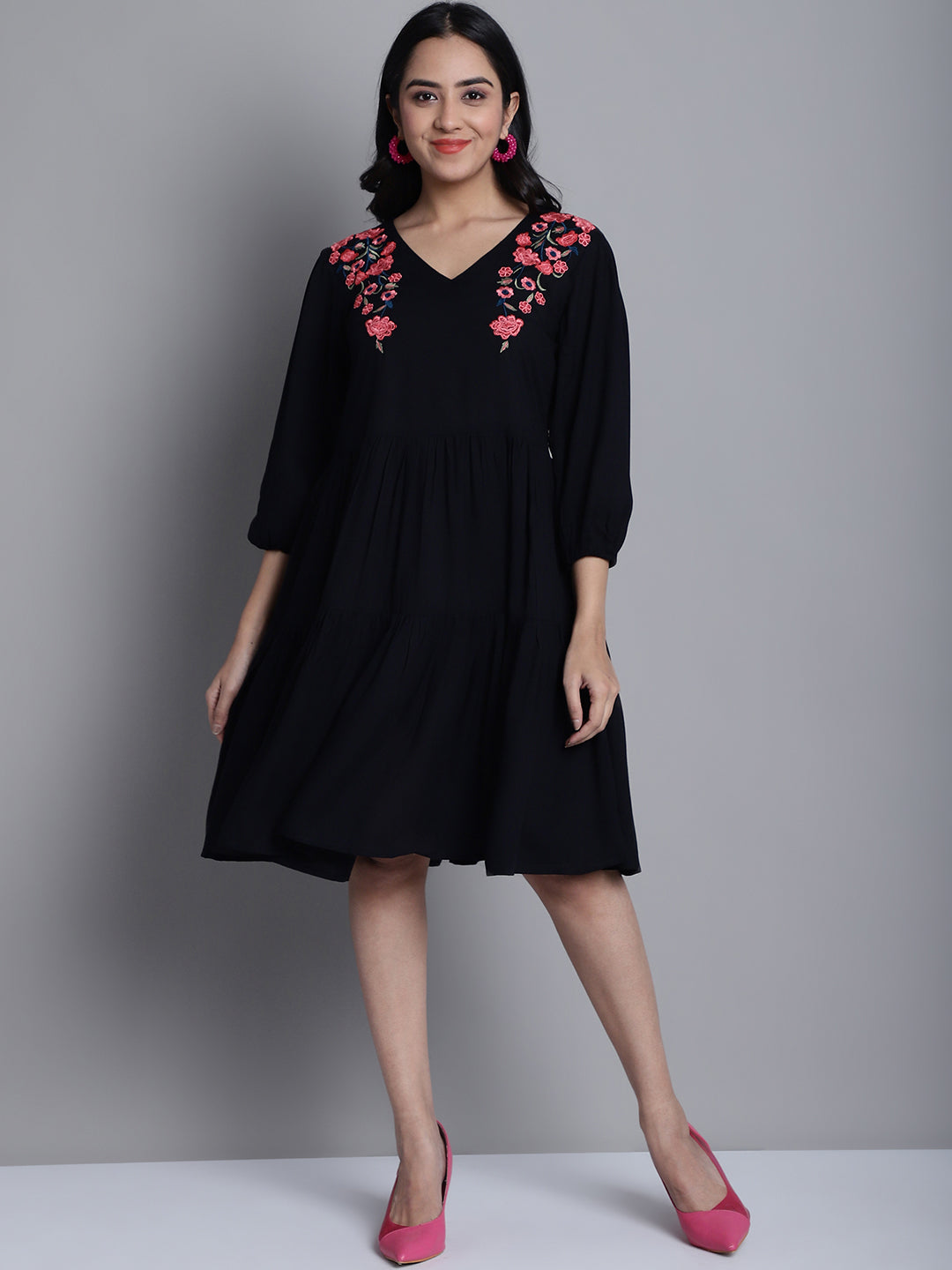 Jainish Women's WoBlack Floral Embroidered A-line Dress - Distacart