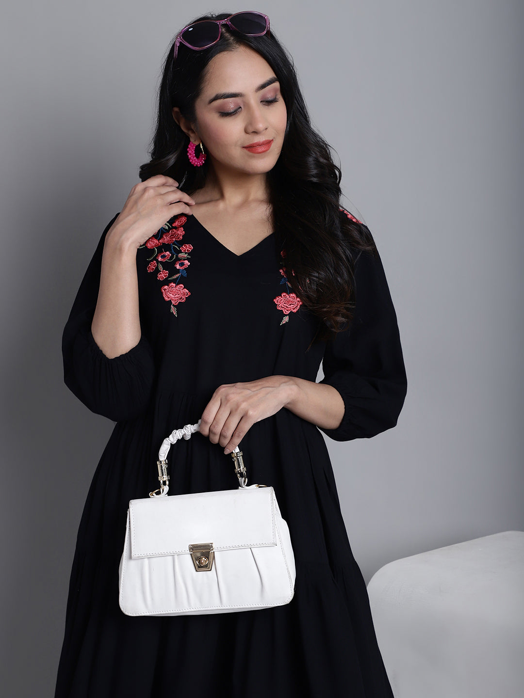 Jainish Women's WoBlack Floral Embroidered A-line Dress - Distacart