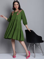 Jainish Women's WoGreen Floral Embroidered A-line Dress - Distacart