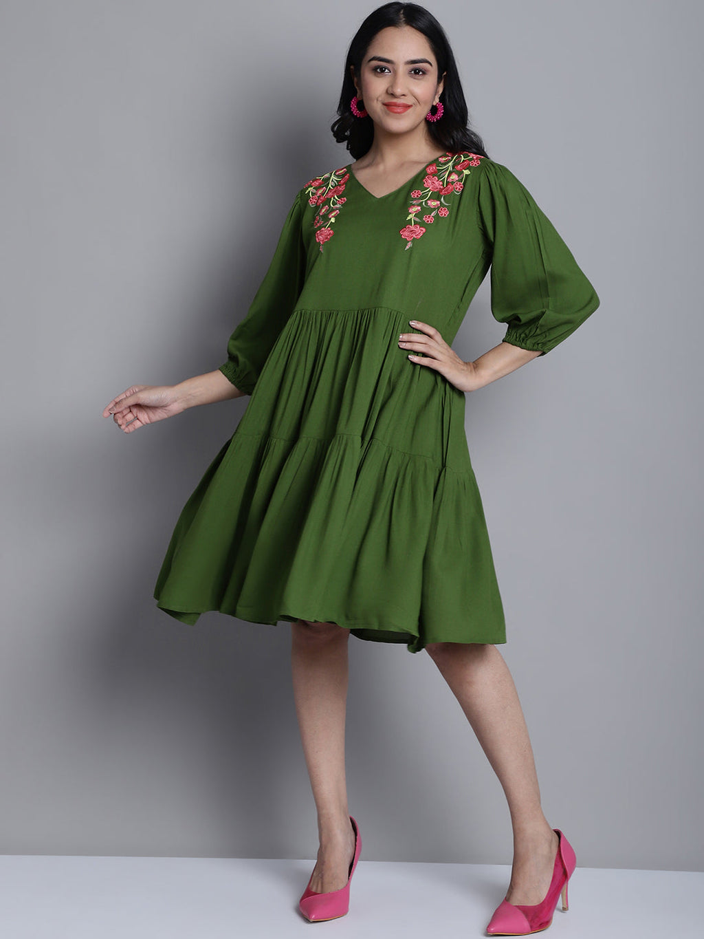 Jainish Women's WoGreen Floral Embroidered A-line Dress - Distacart