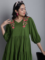 Jainish Women's WoGreen Floral Embroidered A-line Dress - Distacart
