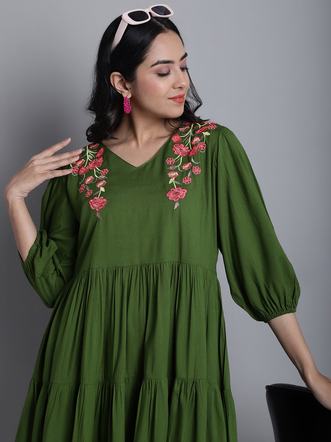 Jainish Women's WoGreen Floral Embroidered A-line Dress - Distacart