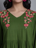 Jainish Women's WoGreen Floral Embroidered A-line Dress - Distacart