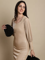 Jainish Women's Shimmer Puff Sleeves bodycon dress - Beige - Distacart