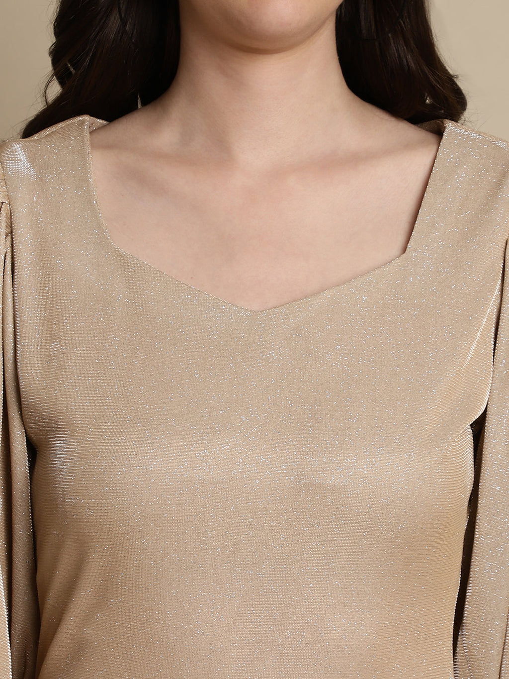 Jainish Women's Shimmer Puff Sleeves bodycon dress - Beige - Distacart