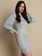 Jainish Women's Shimmer Puff Sleeves bodycon dress - Blue - Distacart