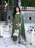 Miravan Women's Mehandi Pintucks Floral Pattern Cotton Straight Kurta with Palazzo And Floral Dupatta Set