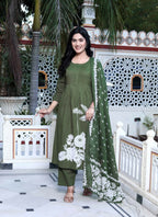 Miravan Women's Mehandi Pintucks Floral Pattern Cotton Straight Kurta with Palazzo And Floral Dupatta Set