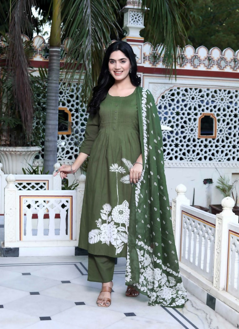 Miravan Women's Mehandi Pintucks Floral Pattern Cotton Straight Kurta with Palazzo And Floral Dupatta Set