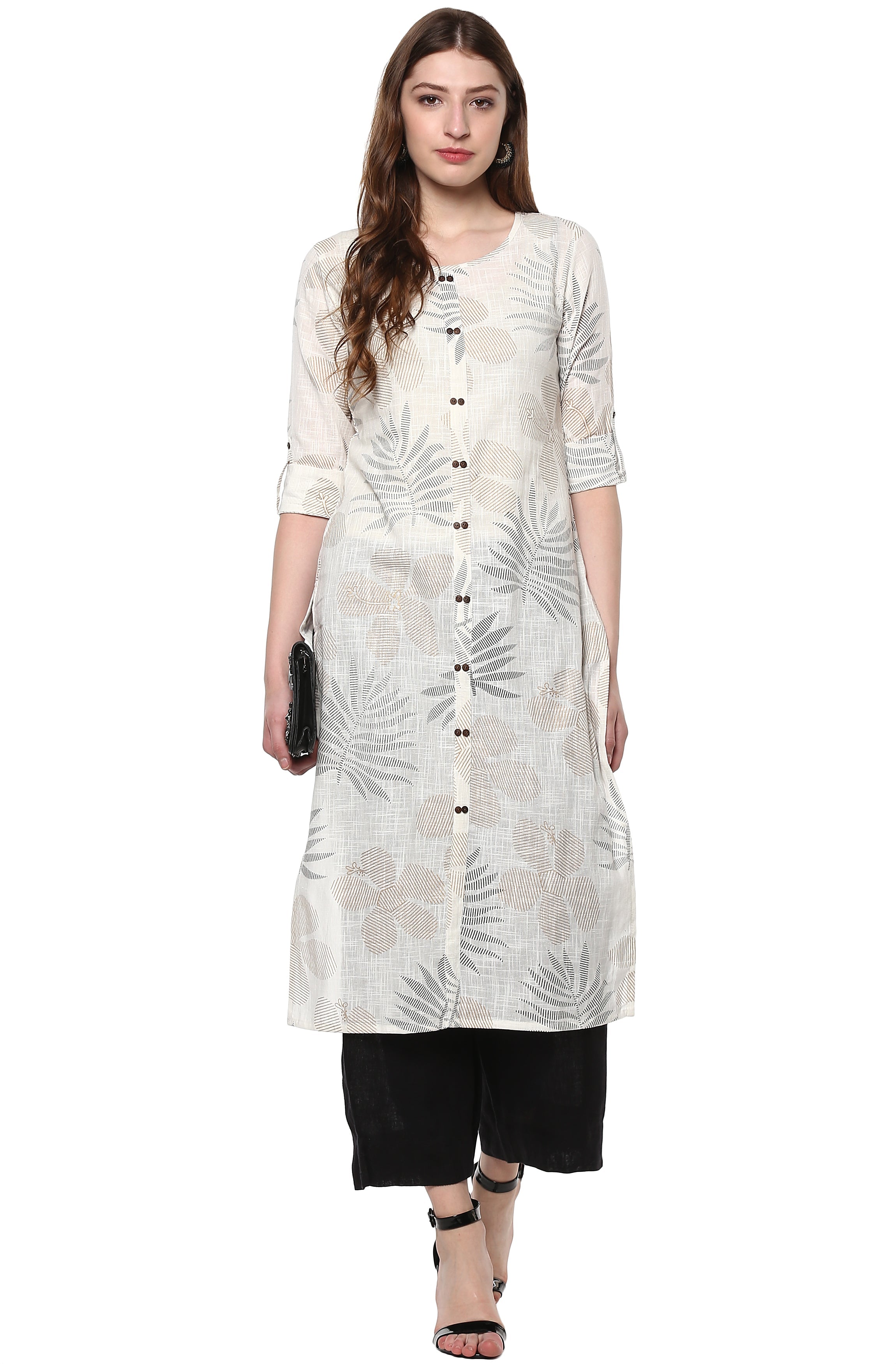 Janasya Off White Cotton Foil Print Straight kurta