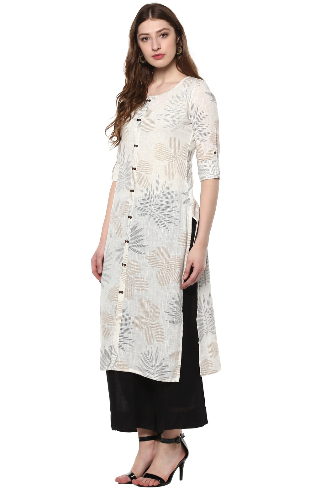 Janasya Off White Cotton Foil Print Straight kurta