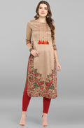 Janasya Women's Light Brown Poly Silk Floral Printed Casual Straight kurta