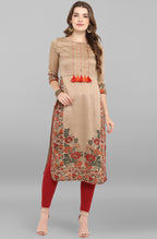 Janasya Women's Light Brown Poly Silk Floral Printed Casual Straight kurta