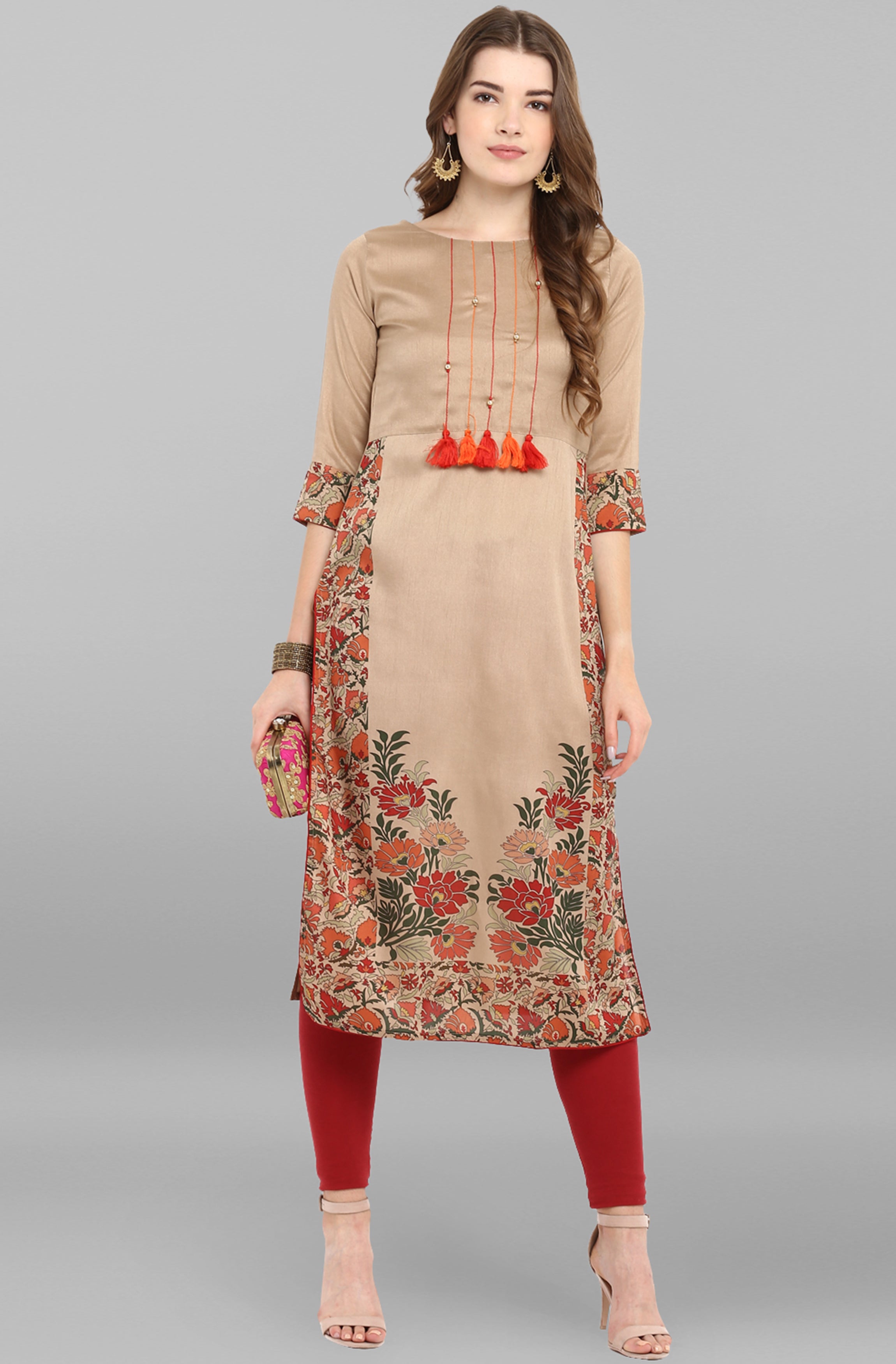 Janasya Women's Light Brown Poly Silk Floral Printed Casual Straight kurta