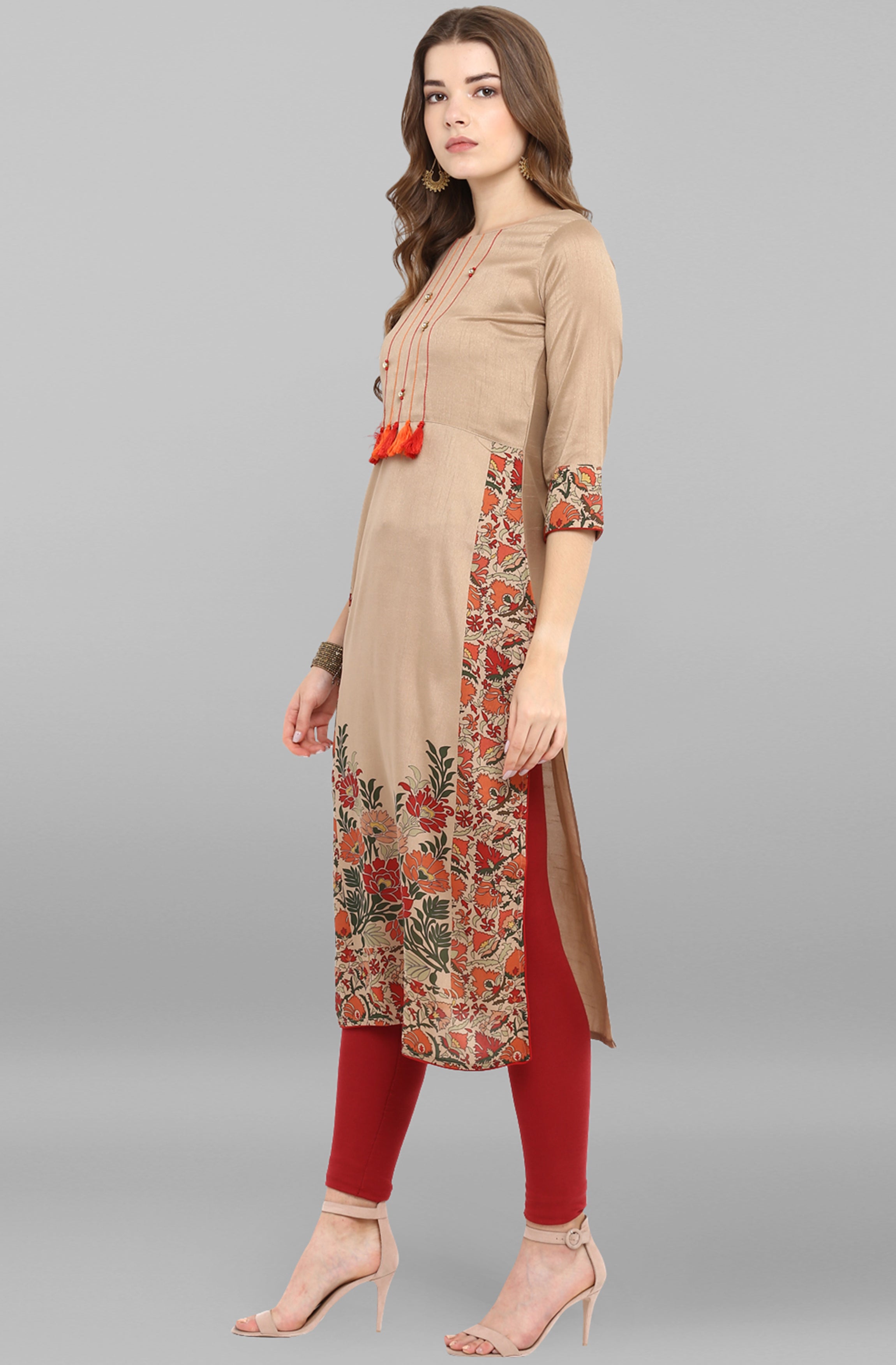 Janasya Women's Light Brown Poly Silk Floral Printed Casual Straight kurta