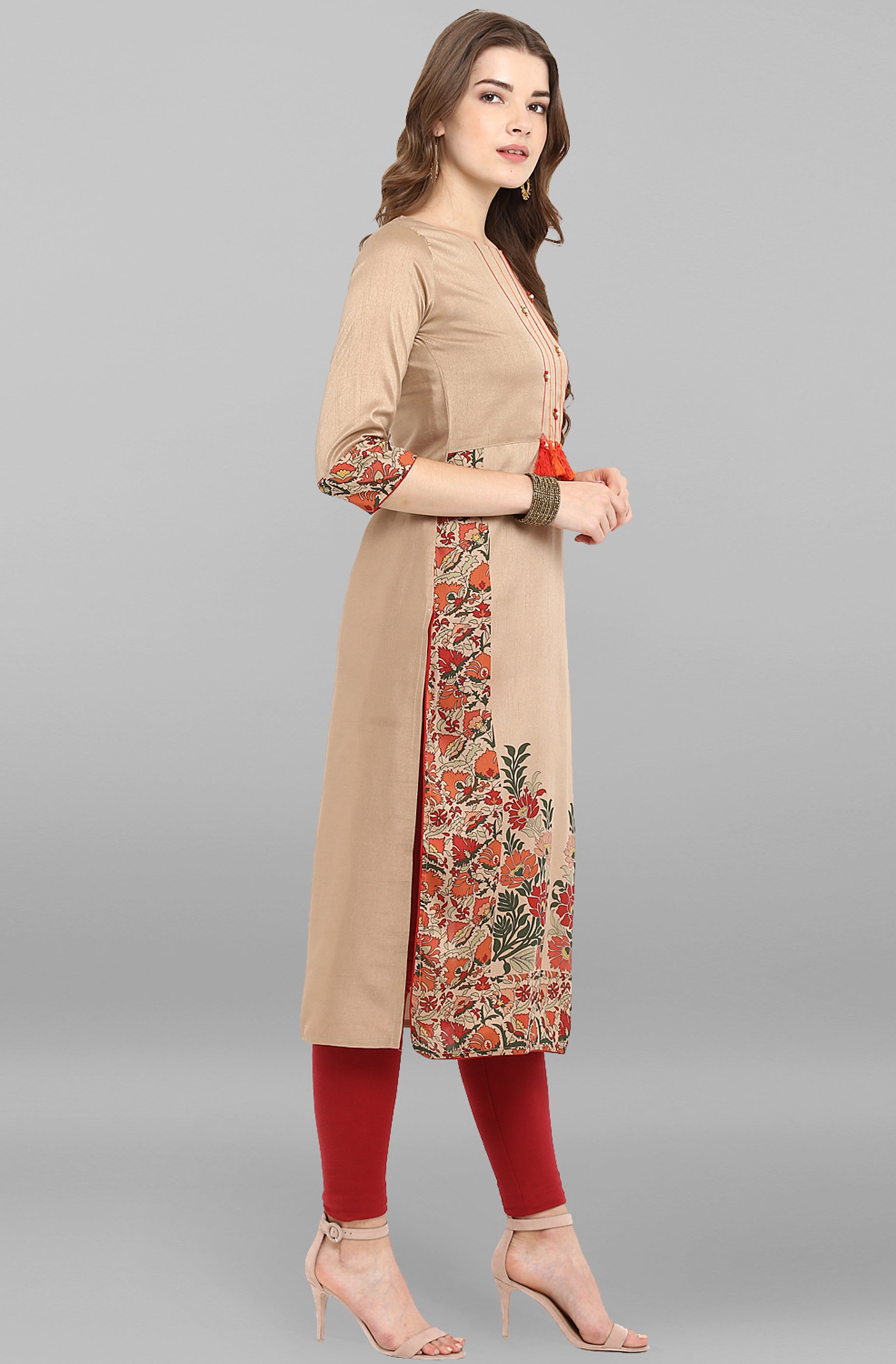Janasya Women's Light Brown Poly Silk Floral Printed Casual Straight kurta