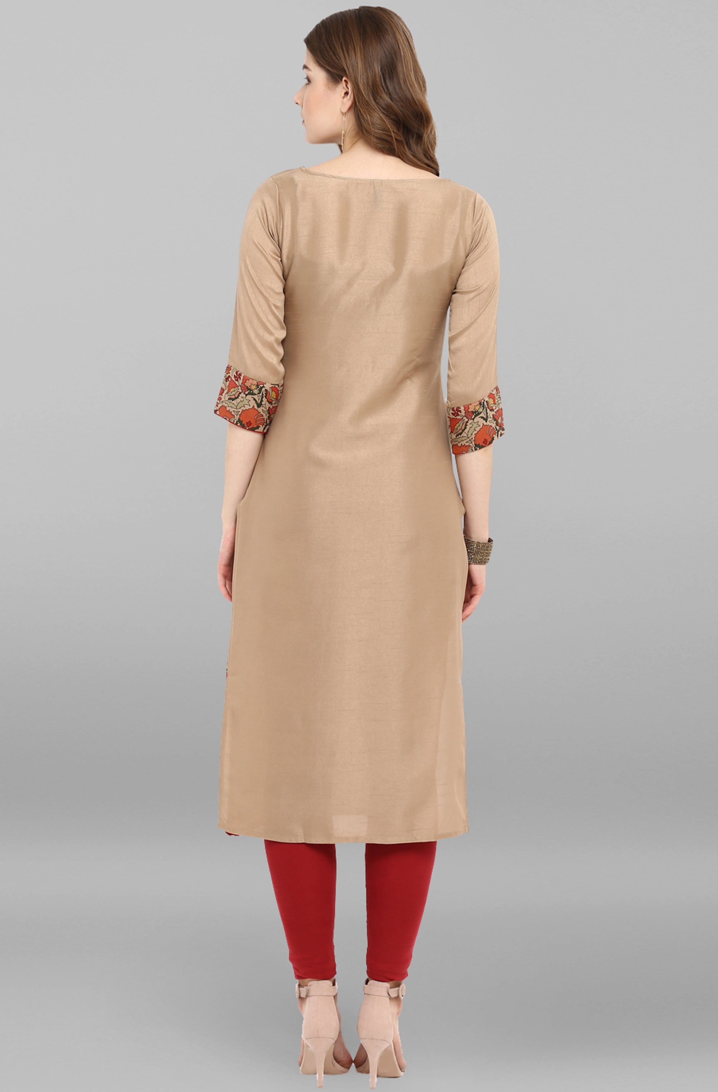 Janasya Women's Light Brown Poly Silk Floral Printed Casual Straight kurta