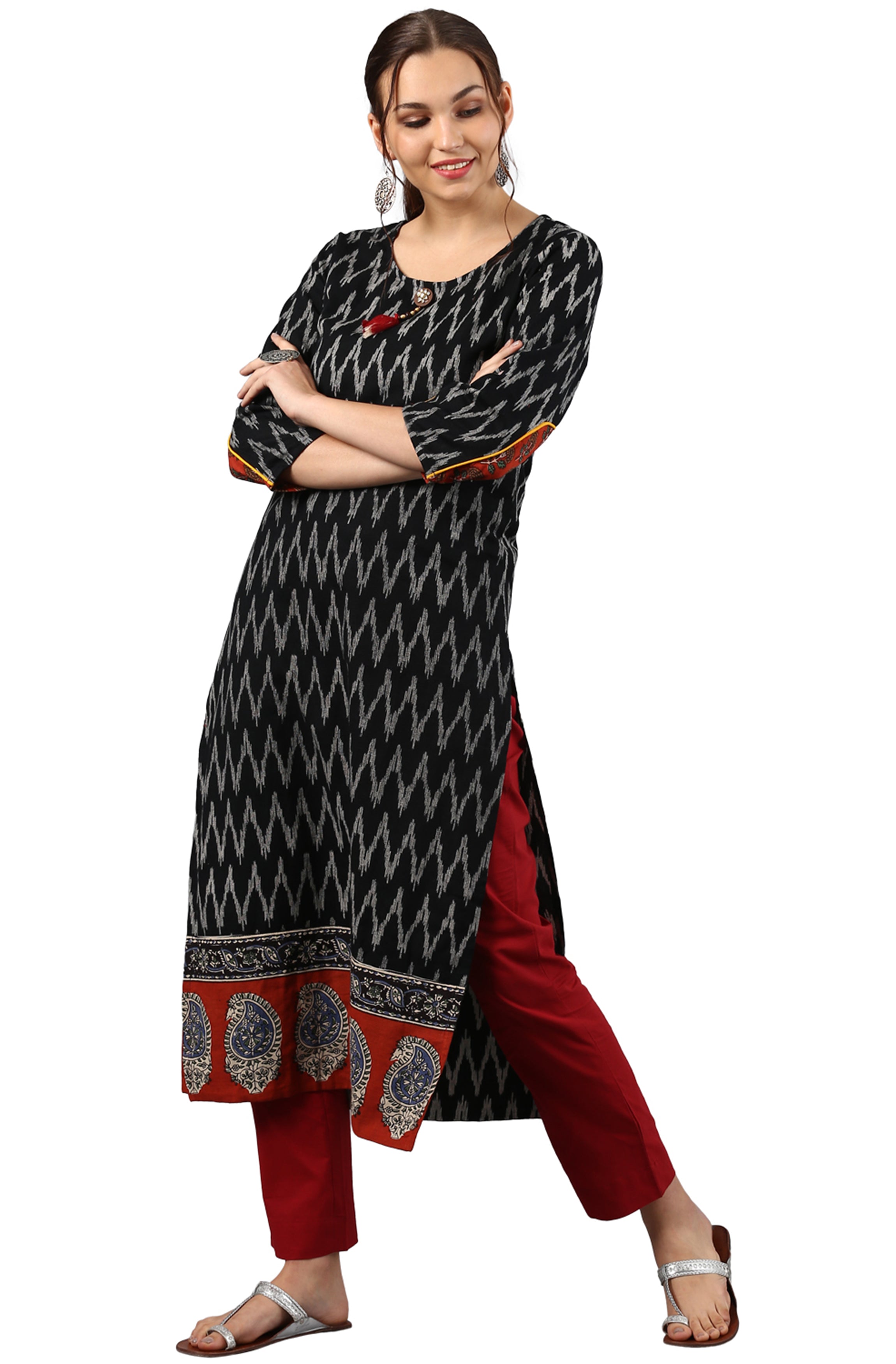 Janasya Black Cotton Ikat Straight kurta