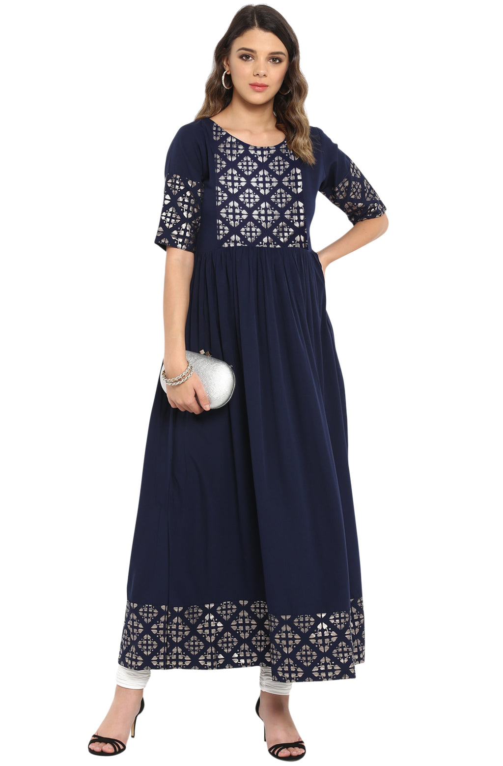 Janasya Dark Blue Poly Crepe Foil Print Flared kurta