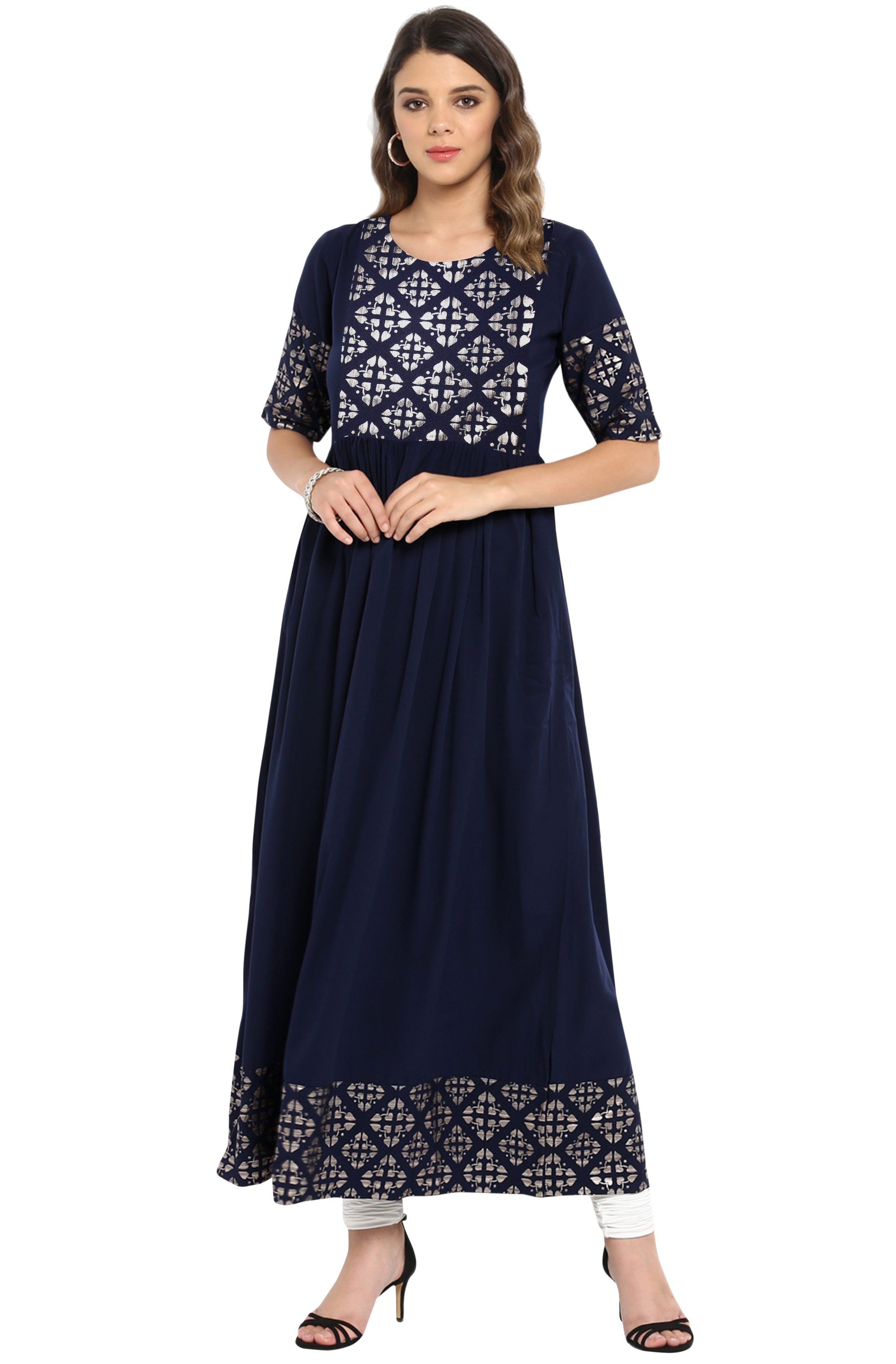 Janasya Dark Blue Poly Crepe Foil Print Flared kurta