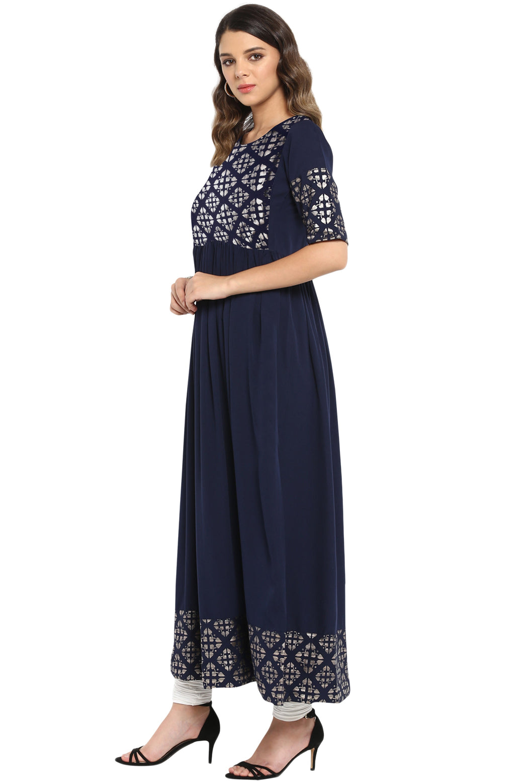 Janasya Dark Blue Poly Crepe Foil Print Flared kurta