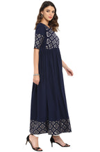 Janasya Dark Blue Poly Crepe Foil Print Flared kurta